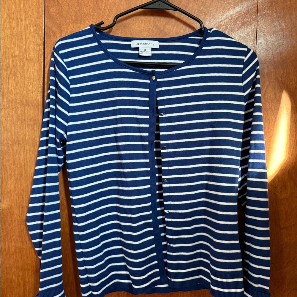 Liz Claiborne Navy and White Striped Button Down Shirt